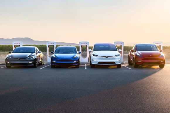Tesla Vehicles at a Tesla Charging Station