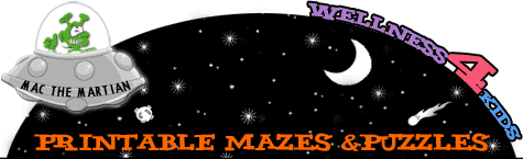 Image of Mac the martian that says "Printable Mazes and Puzzles."