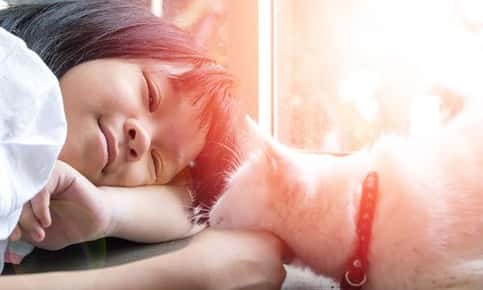 Little girl cuddling pet cat