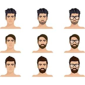 Image of 9 men with different facial hair and hairstyles. 