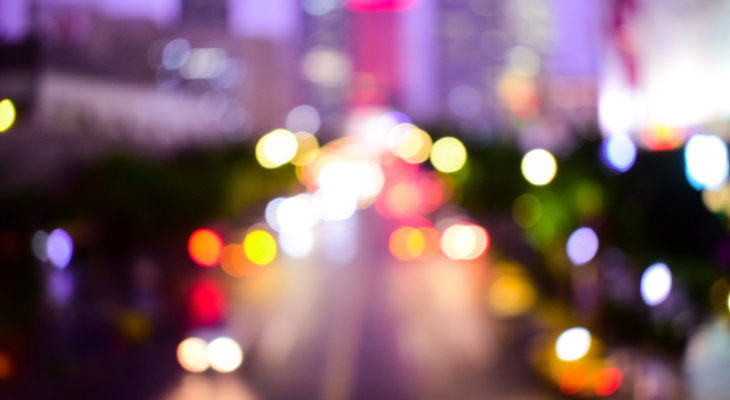 Blurry city lights at night.