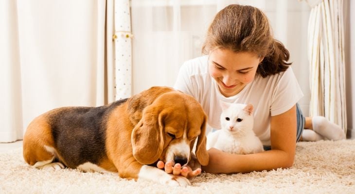 Girl with dog and cat