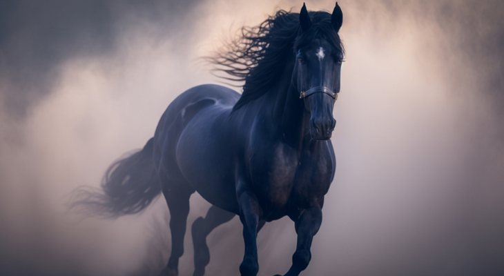 Dark horse running through dust.