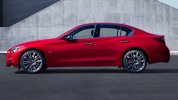 Red Infiniti 2020 Q50. Driver-side view. 