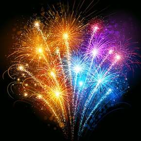 image of orange, blue, and purple fireworks