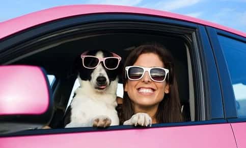 Woman and dog traveling by car in style