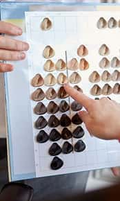 Image of hands pointing to different hair color samples.