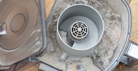 Image of a vacuum dust canister filled with dirt and pet hair. 