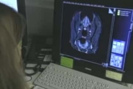 Image of a woman looking at scan results on a computer screen.