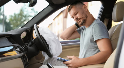 Man holds neck after car accident.