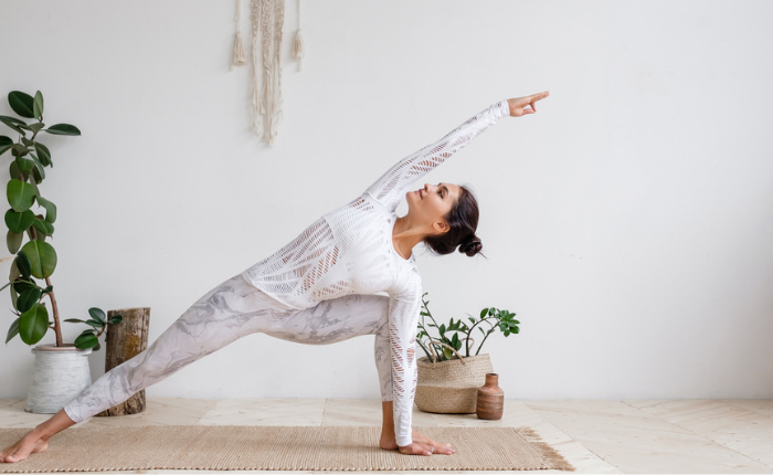 Woman does yoga.