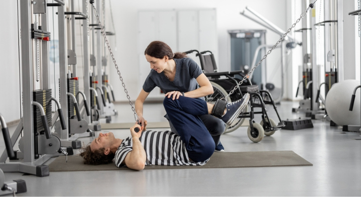 Physical therapist takes patient through exercise routine.