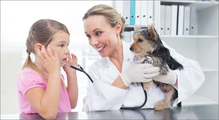 child with vet and dog