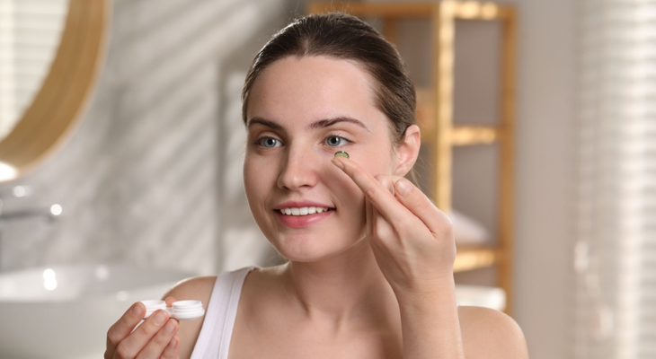 Woman puts in a contact lens.