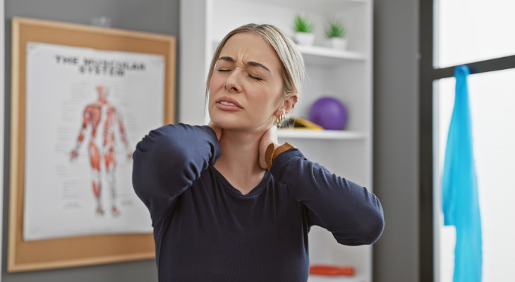 Woman needs acupuncture for her neck pain.