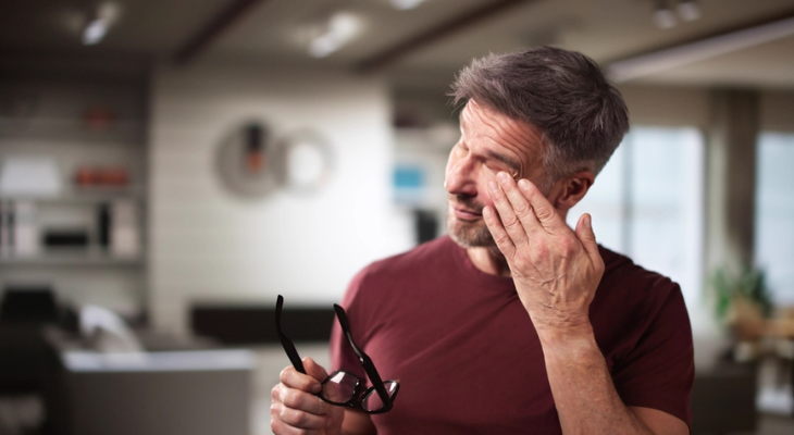 Man rubs his dry eye.