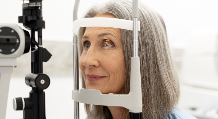 Old woman has eye exam.