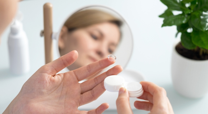 Woman inspects her scleral contact lens.