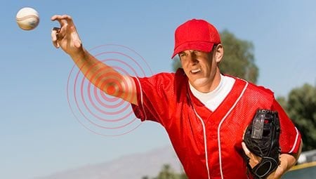 Pitcher throwing baseball.