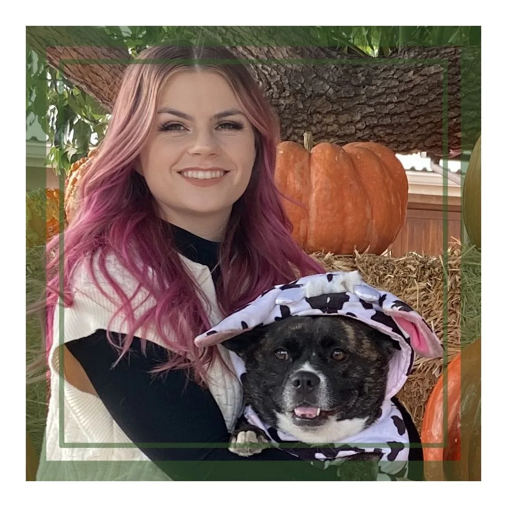 Cheyanne - Veterinary Assistant. Photo of young woman with pink hair holding mixed breed dog in cow costume.