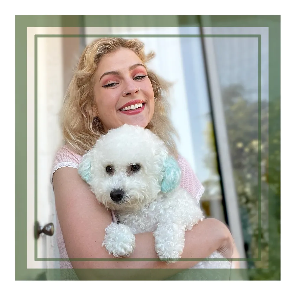 Samantha: Customer Service. Photo of Sam with her dog. Photo of young woman with Bichon Frise dog.
