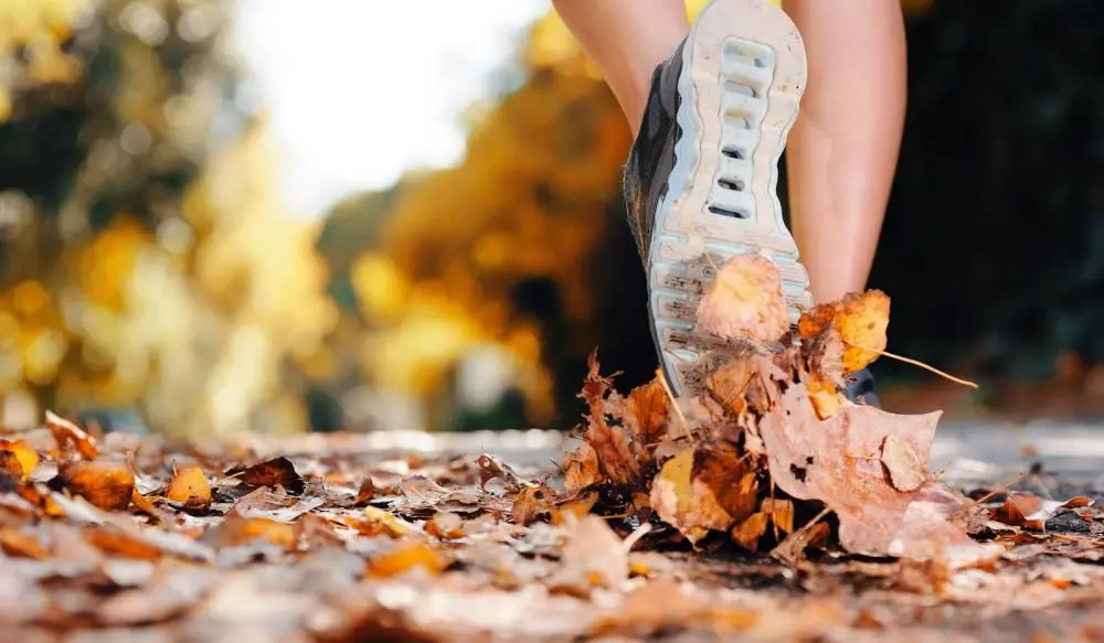 Man running on a trail with leaves.