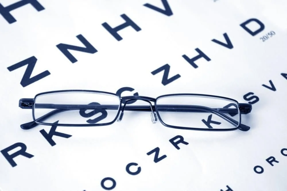 glasses sitting on top of letter eye exam sheet.