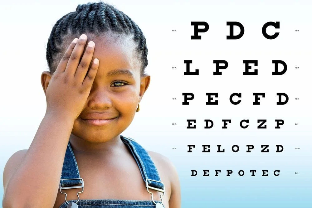 Vision Screening little girl covering one eye with hand