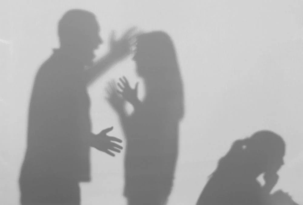 Shadow image of a man using threatening gestures to a woman, with a child sitting nearby