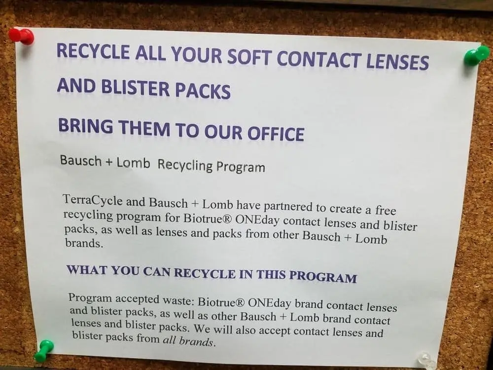 Recycle all your soft contact lenses sign