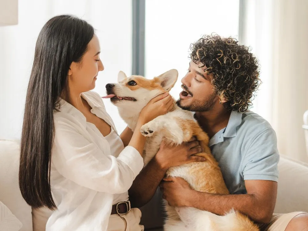 man and woman holding a dog