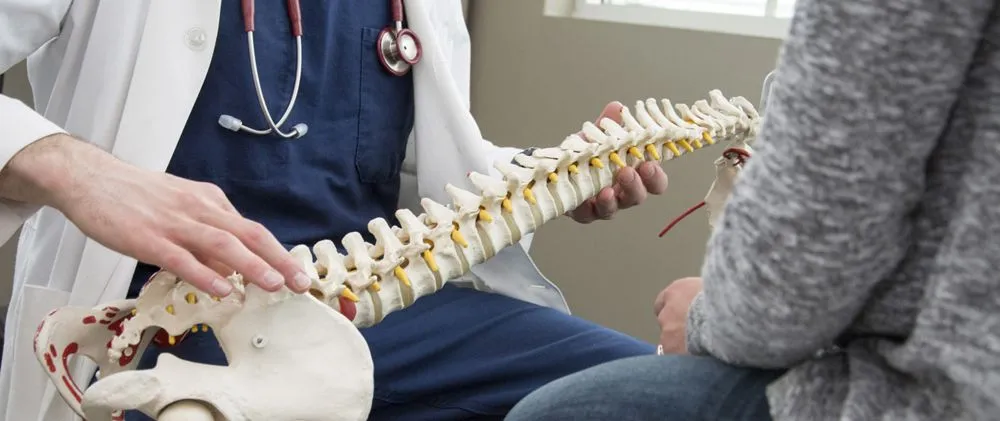 Chiropractor talking to a patient about scoliosis