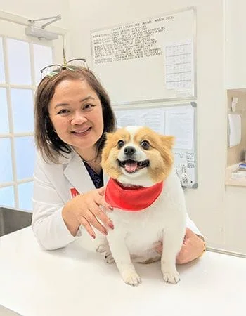 headshot of veterinarian Irene and patient