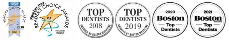Logos for multiple awards from Boston Magazine for Top Dentist Melrose, MA