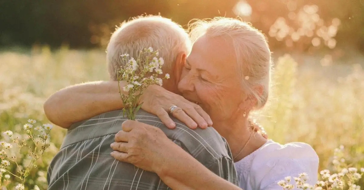 Older couple hugging and in love