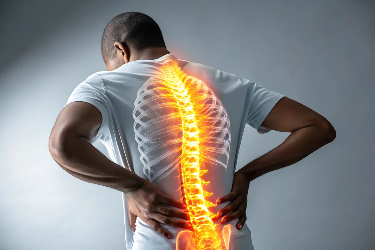 Back pain photo of a man holding his lower back. 