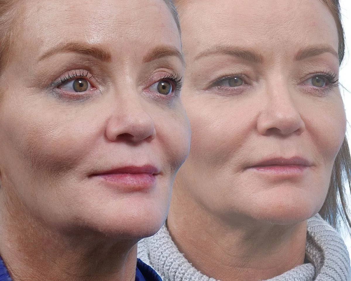Eyelid lift and blepharoplasty results, before and after image of a woman.