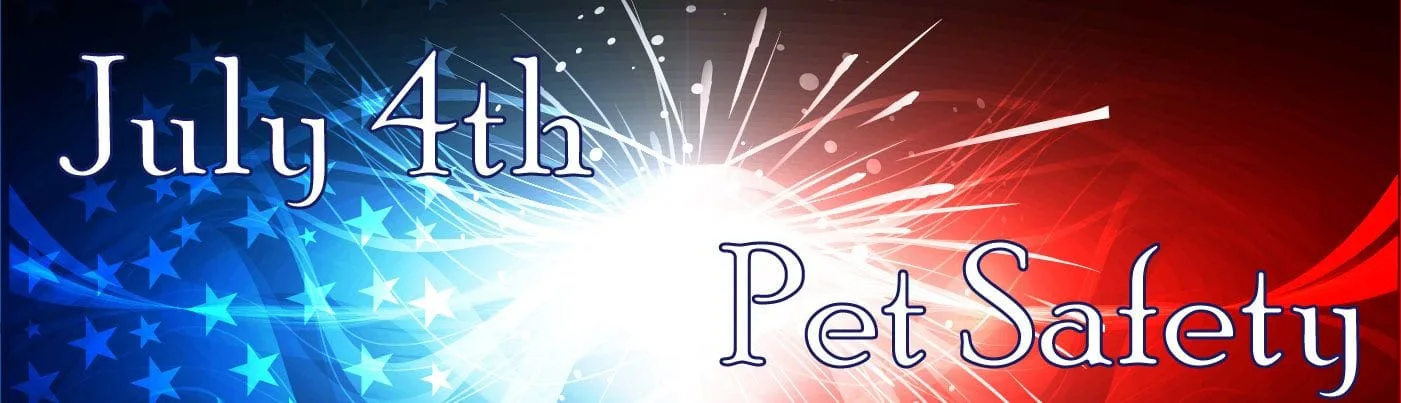 July 4th Pet Safety - red, white, and blue banner with fireworks, stars