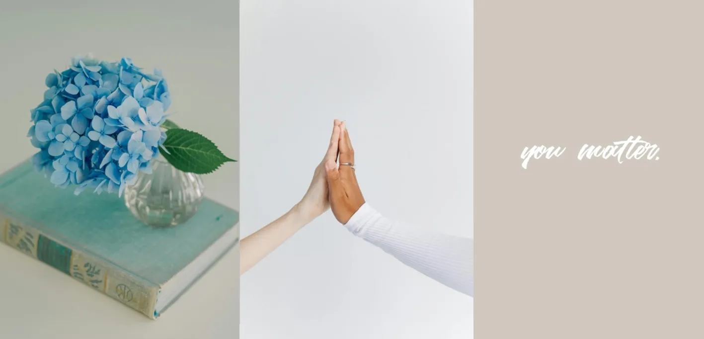 contact us header featuring a book with a flower on it, two people high-fiving, and text saying "you matter"