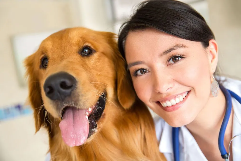 vet smiling next to a dog