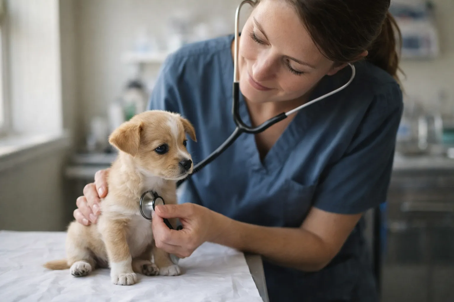 Veterinarian checking a puppy