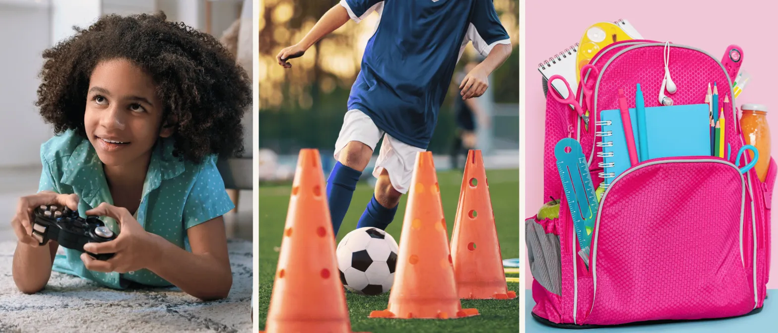 Photo of girl paying video games, playing soccer and a backpack