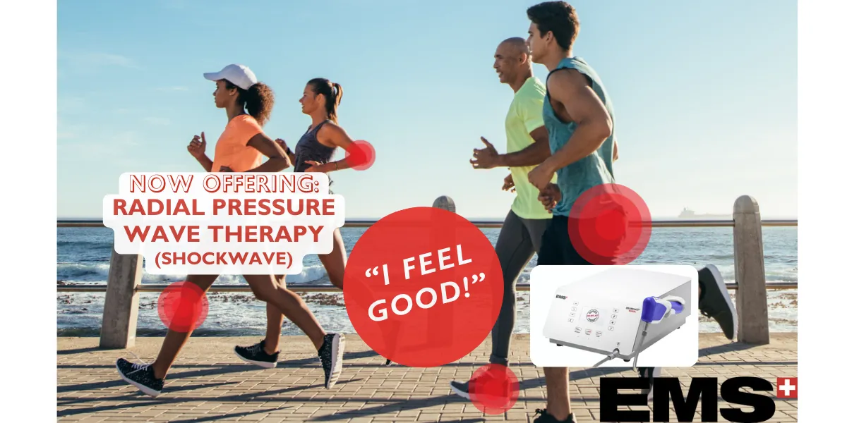 Group of people running on a beach boardwalk Radial Pressure Wave Therapy (Shock Wave) in red letters