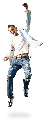Image of a man jumping with one fist in the air Image of a man jumping with one fist in the air