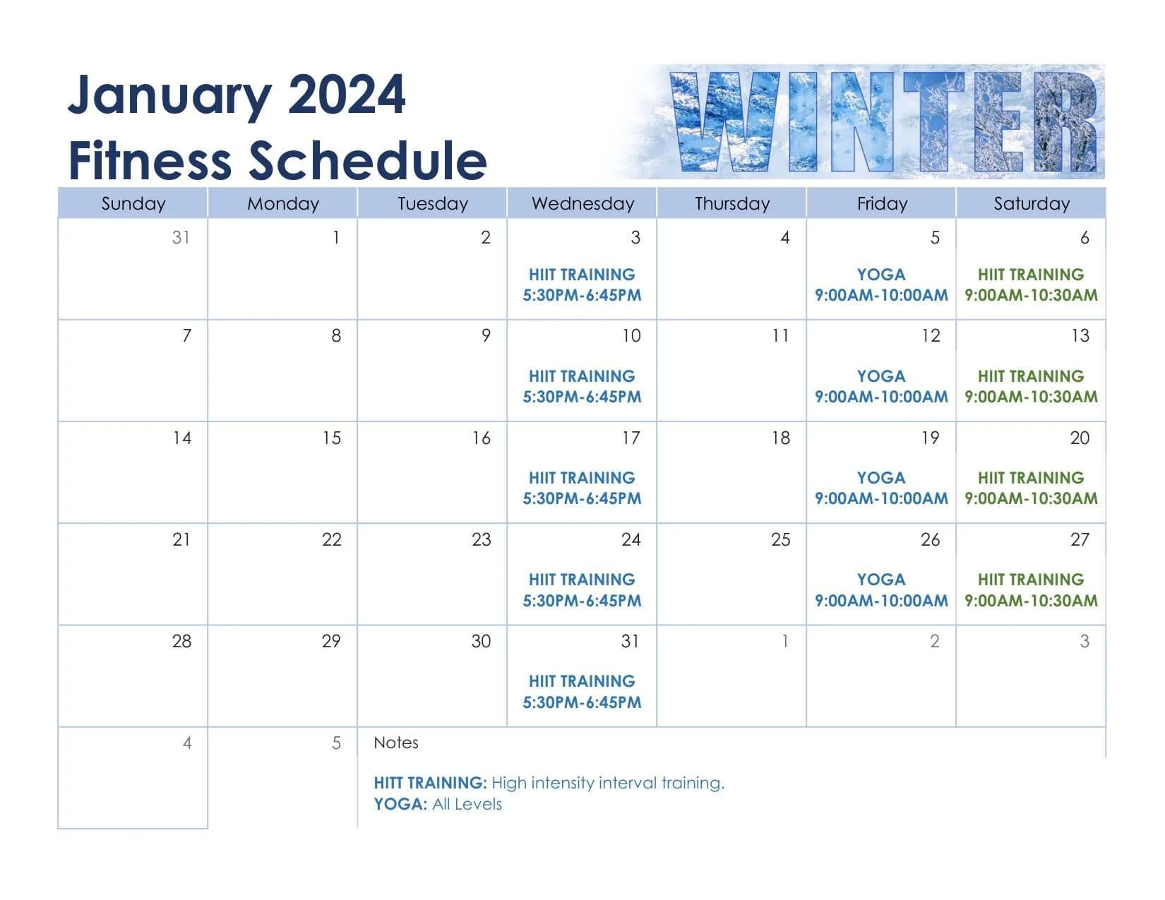 January Fitness Schedule