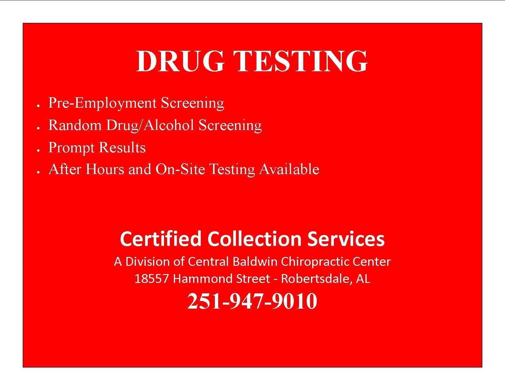 Slideshow-like image of drug testing bullet points