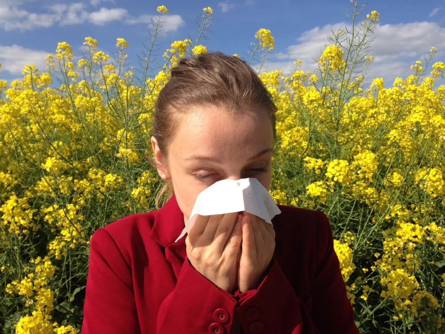 woman in a field of flowers with a tissue covering her face
