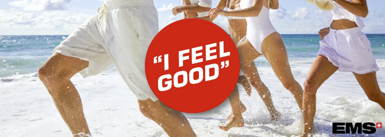 5 people running on the beach with a red circle with white text that says "I feel good"