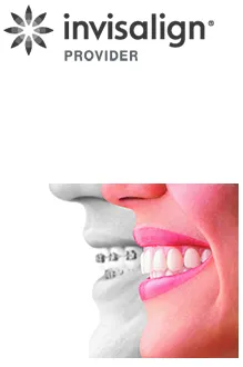 Invisalign logo and close up of mouth wearing traditional braces next to mouth wearing clear aligners, Invisalign Selmer, TN