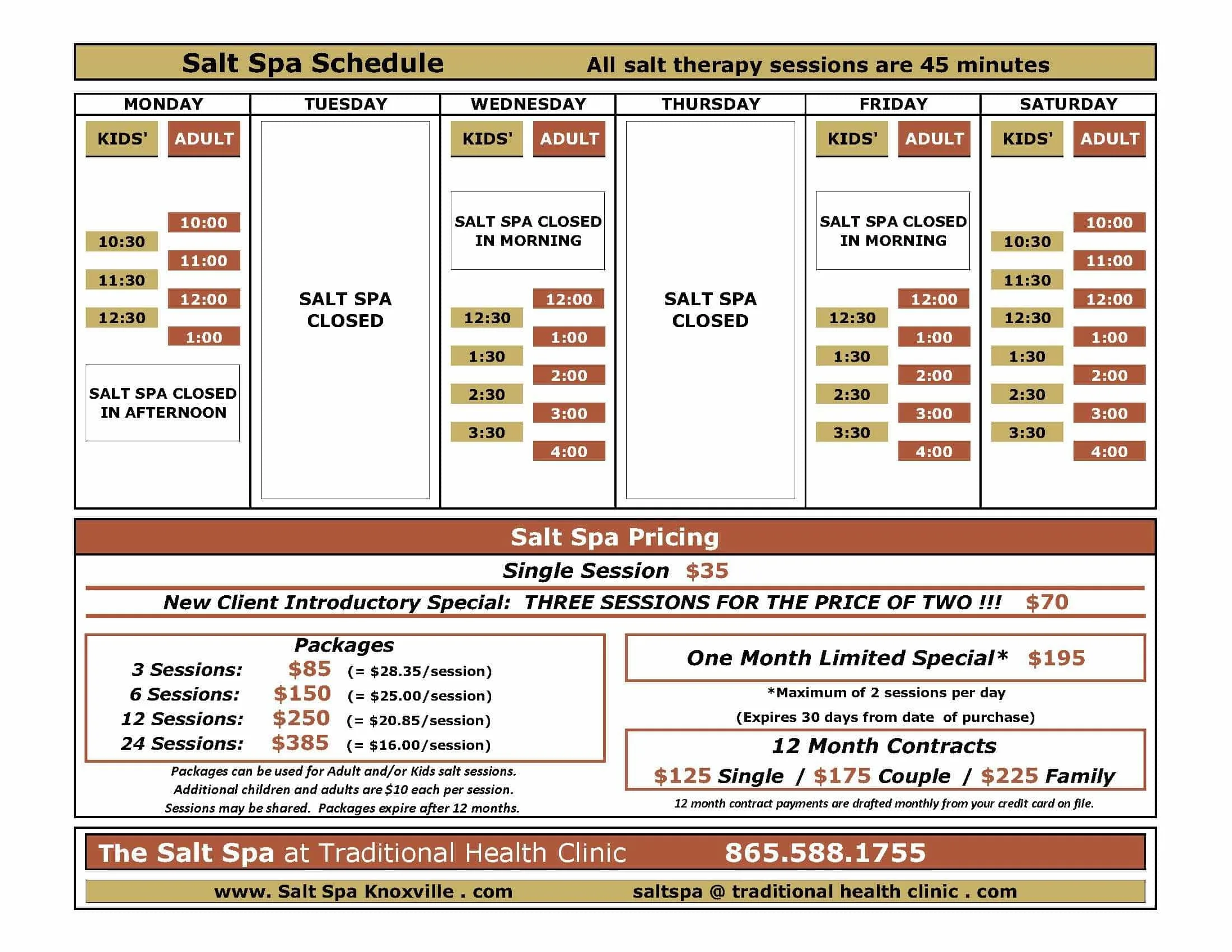 2019 Salt Spa Schedule & Pricing